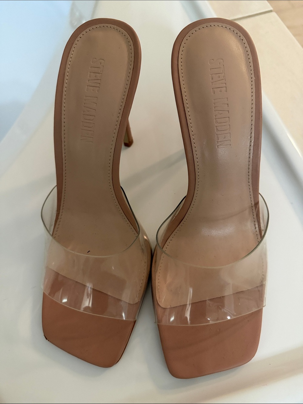 Steve Madden Tan Nude Clear Strap Square-Toe Heels
